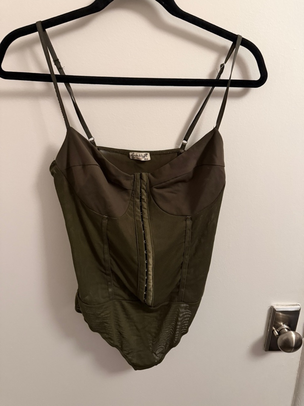 Olive Green Hook-and-Eye Bustier Bodysuit with Adjustable Straps